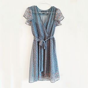 French Connection Blue Floral Wrap Style Spring Chiffon Dress